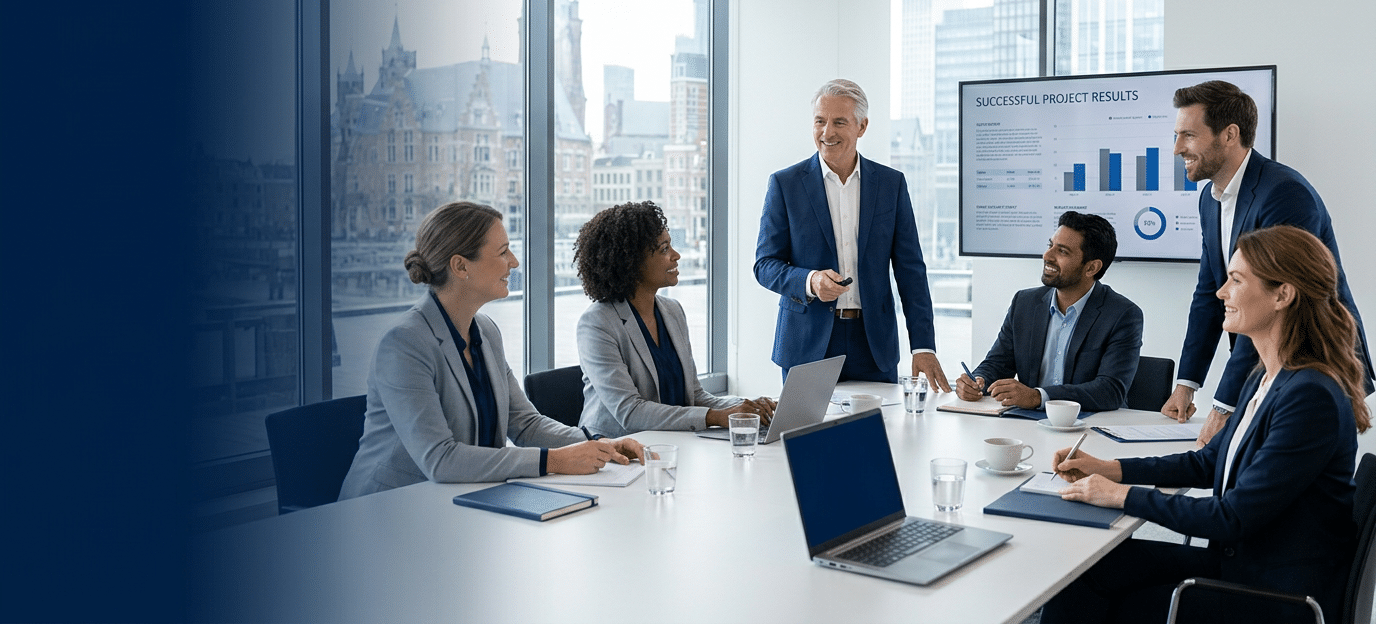 Premium hero banner for client case studies. Caucasian senior consultant presenting successful project results to a satisfied client team in a bright modern Dutch boardroom, group of professi