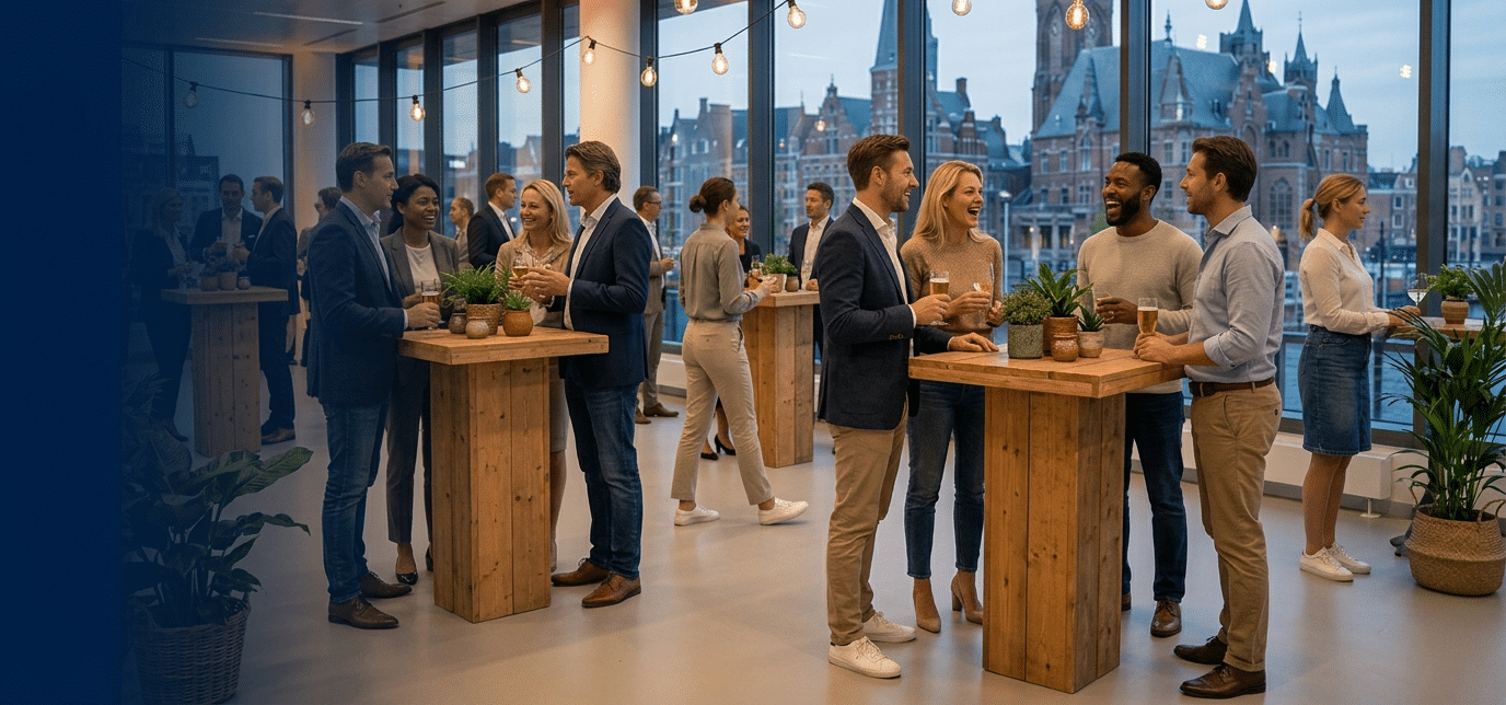 Premium hero banner for corporate events page. Casual and relaxed after-work networking event in a modern Dutch venue with floor-to-ceiling windows overlooking a classic Dutch city skyline, diverse group