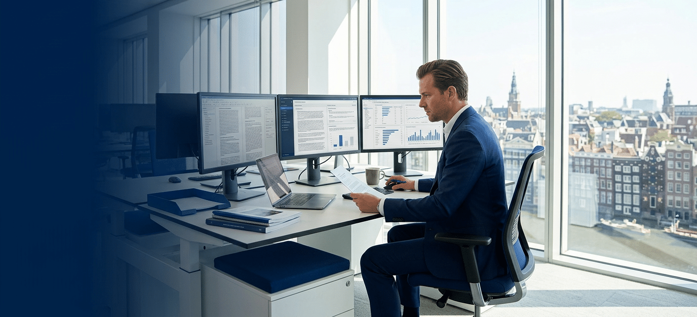 Premium hero banner for knowledge base. Caucasian professional in business attire deeply focused studying at a modern desk with multiple screens showing articles, research and knowledge resou