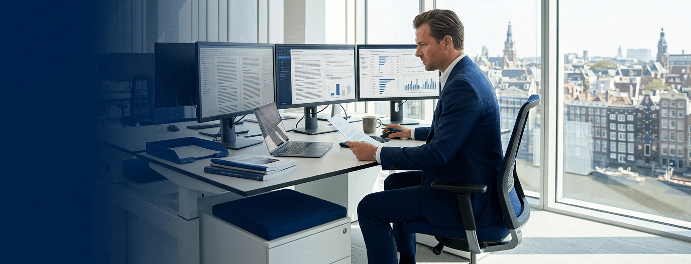 Premium hero banner for knowledge base. Caucasian professional in business attire deeply focused studying at a modern desk with multiple screens showing articles, research and knowledge resou