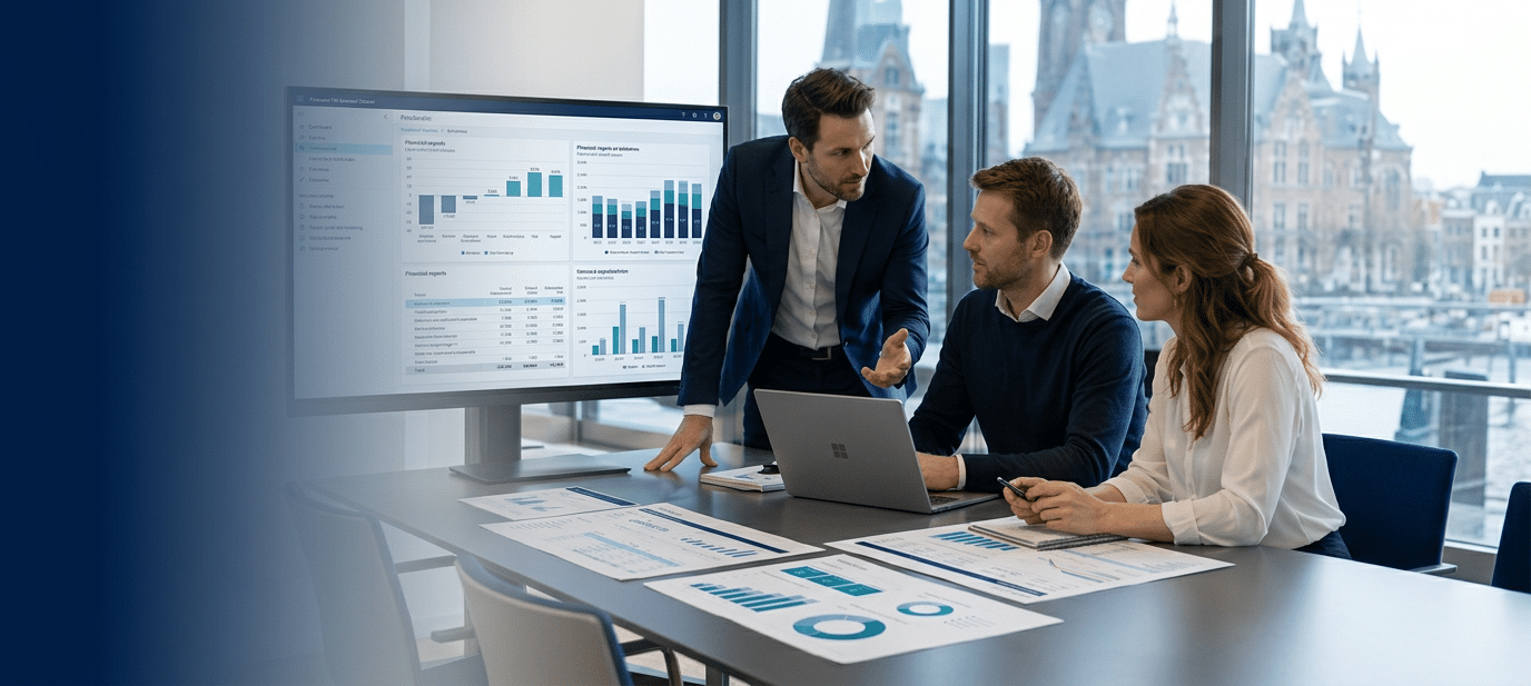 Premium hero banner for professional business services. Caucasian consultants in sharp business attire reviewing financial reports and charts together at a modern conference tabl