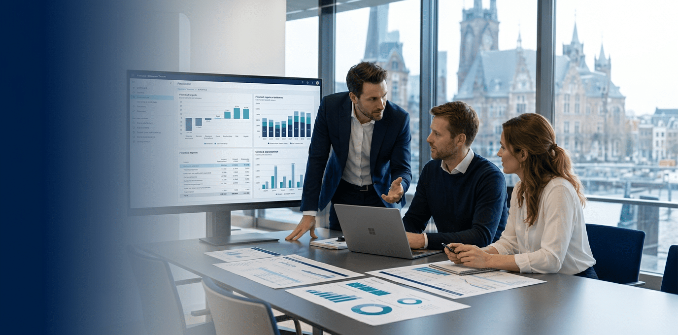 Premium hero banner for professional business services. Caucasian consultants in sharp business attire reviewing financial reports and charts together at a modern conference tabl