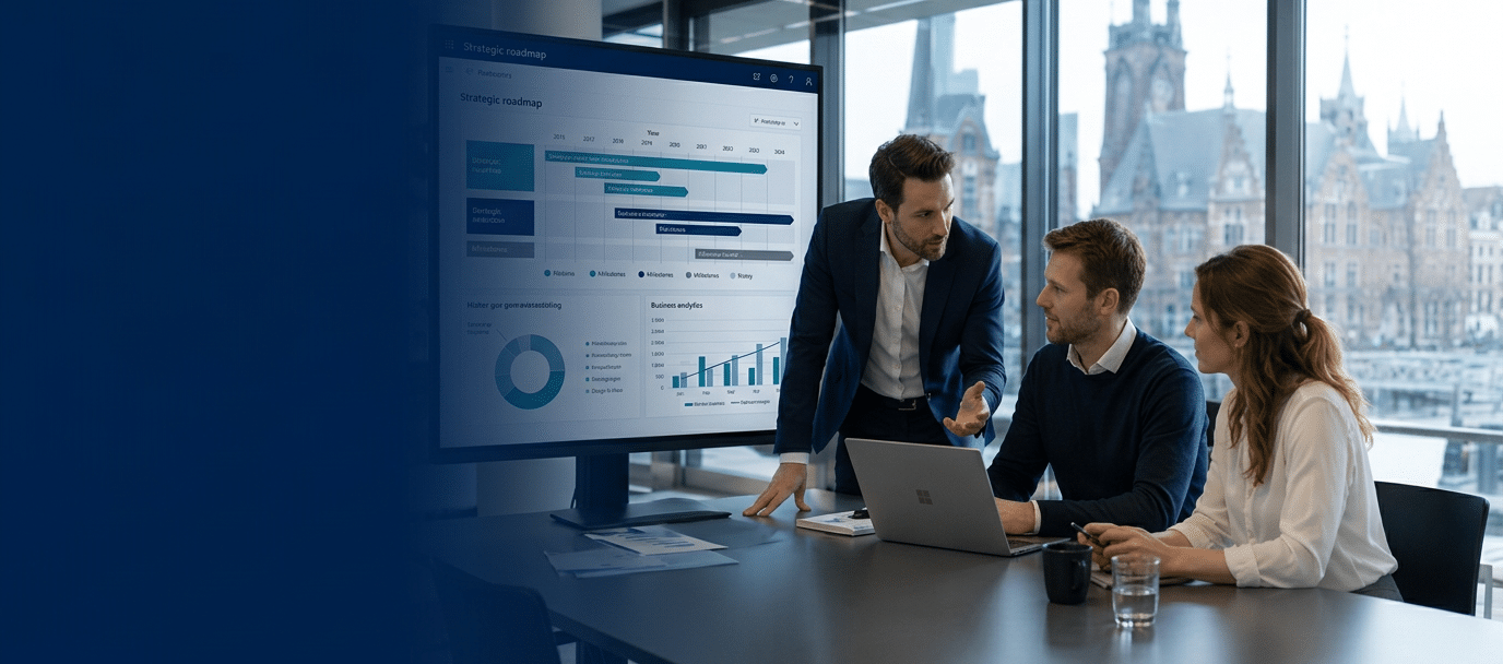 Premium hero banner for professional business services. Caucasian management consultants in sharp business attire presenting a strategic roadmap on a large screen to senior execu