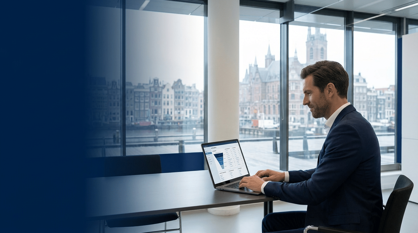 Premium hero banner for sales solution. Caucasian sales professional in business attire reviewing a CRM sales pipeline and customer opportunities on a laptop in a bright modern Dutch office, confident and