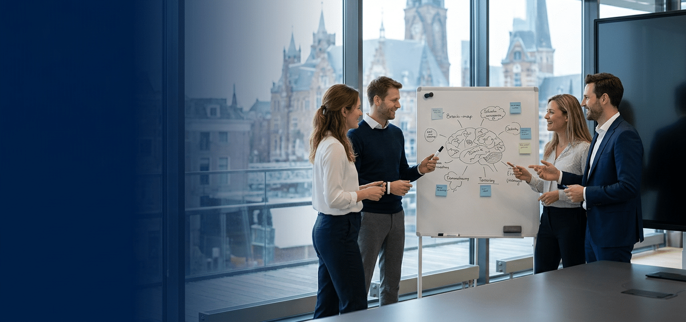 Premium hero banner. A group of five Caucasian professionals in business attire having a standing brainstorm session around a whiteboard in a bright modern Dutch office, engaged and smiling, large windows