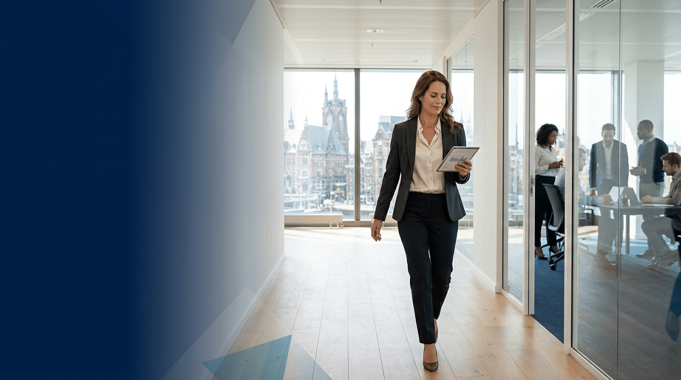 Premium hero banner. Caucasian professional woman in business attire walking confidently through a bright modern Dutch office hallway with a tablet, colleagues visible through glass walls in background, f