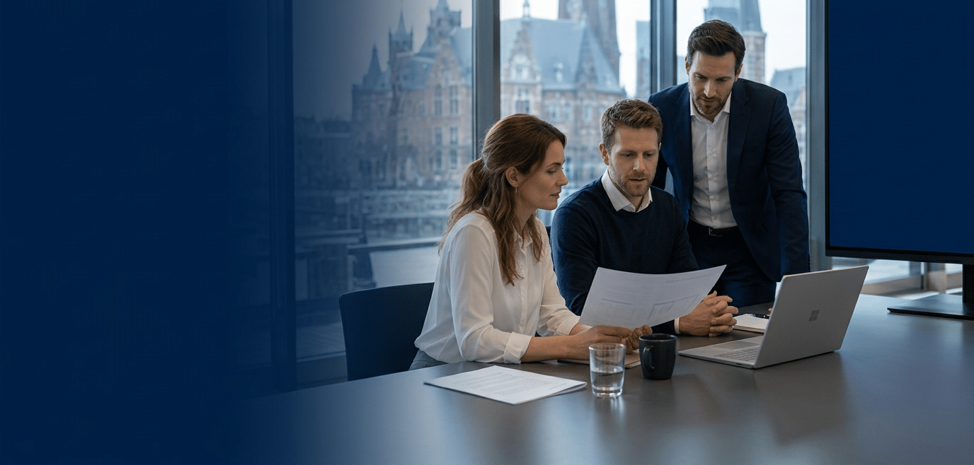 Premium hero banner. Two Caucasian professionals in business attire reviewing documents together at a desk in a bright modern Dutch office, large windows with European city skyline, natural daylight. (1)