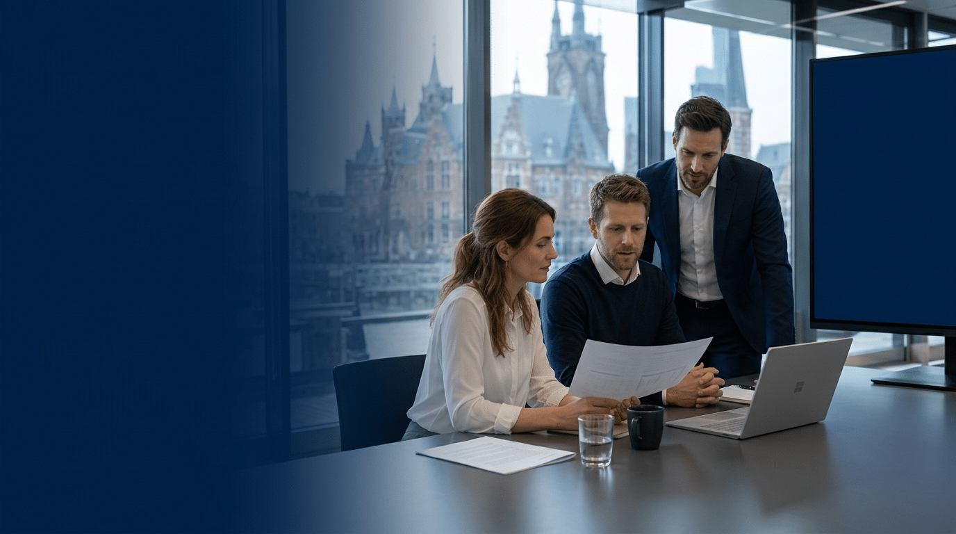 Premium hero banner. Two Caucasian professionals in business attire reviewing documents together at a desk in a bright modern Dutch office, large windows with European city skyline, natural daylight. Stro